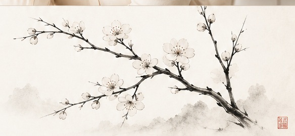 Minimal Japanese-inspired ink botanical with flowering branches